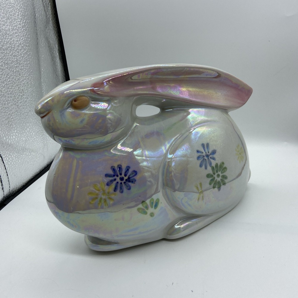 Pearlized Hand Painted Ceramic Bunny Rabbit Figure 7" Tall 10" Long Flowers